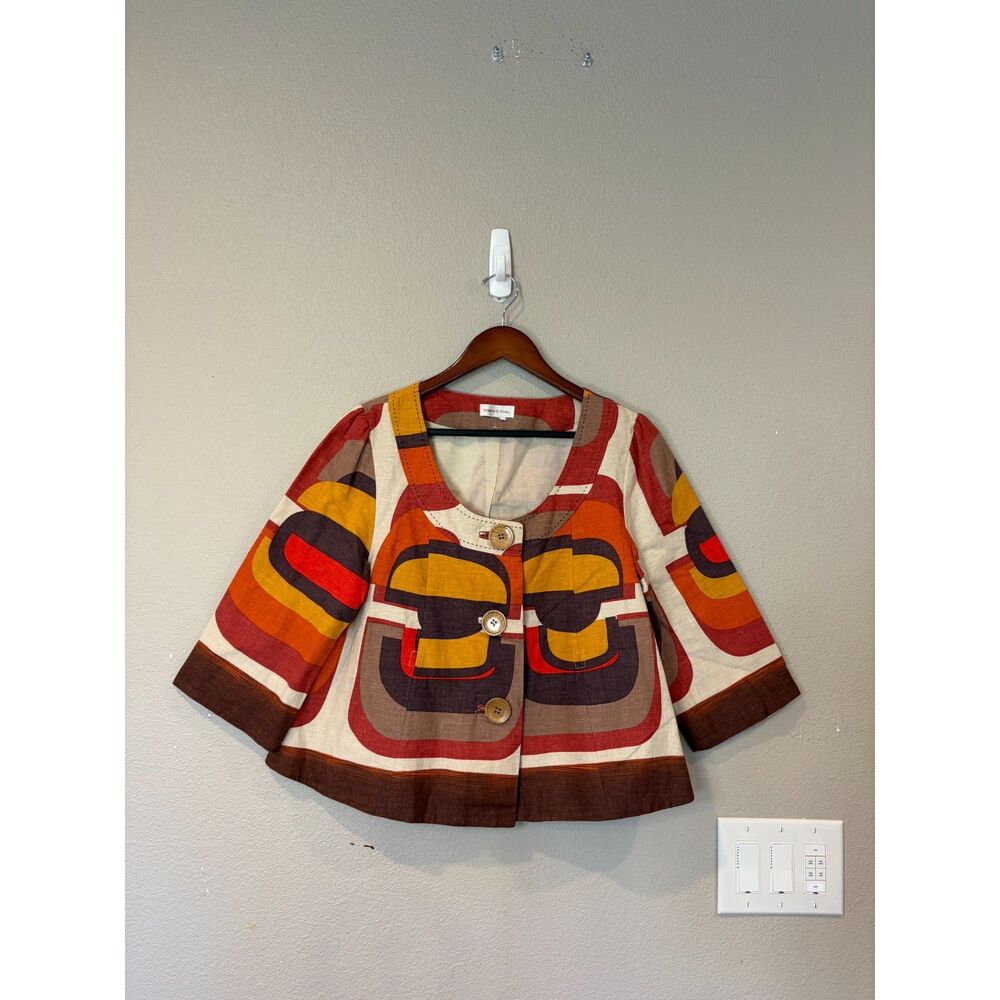 Monroe & Main Linen Jacket Small Retro Geometric Abstract Colorblock Blazer Boho